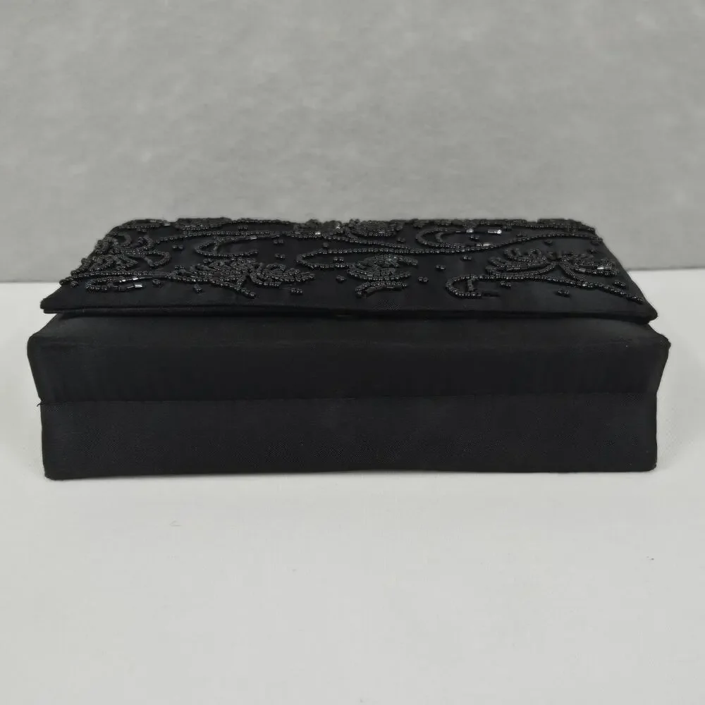 Black Beaded & Satin Square Snap Closure Clutch Purse with Corded Shoulder Strap